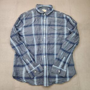 True Grit Linen Cotton Blend Button‎ Up Shirt Men's M Blue Plaid Long Sleeve